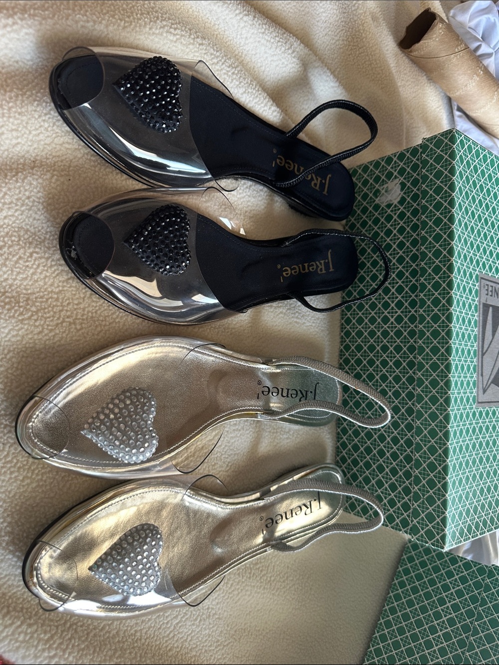 J.Renee Black Clear Slingback Sandals with Beaded Heart